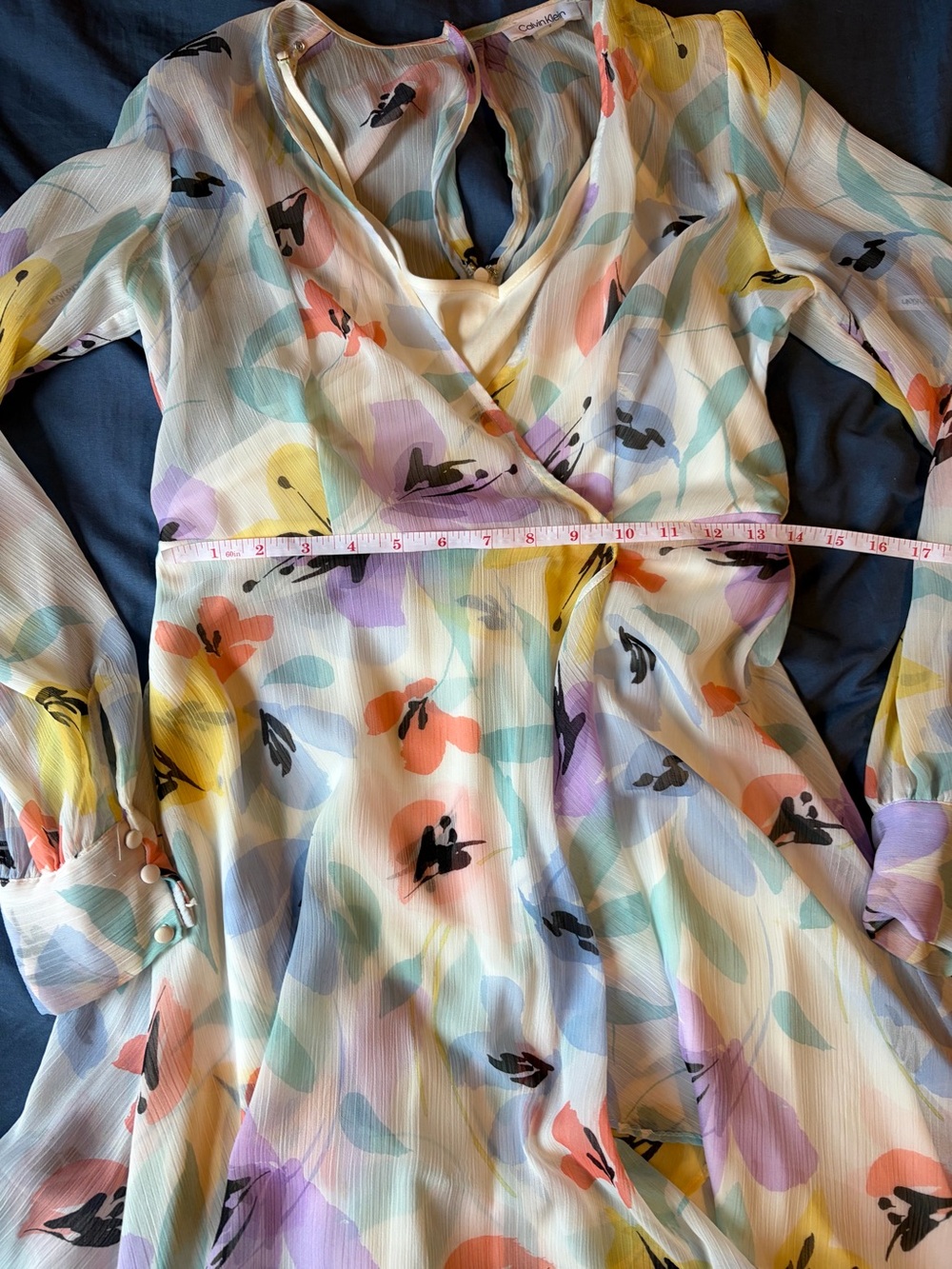 Calvin Klein Pastel Floral V-Neck Long Sleeve Dress - Picture 3 of 4